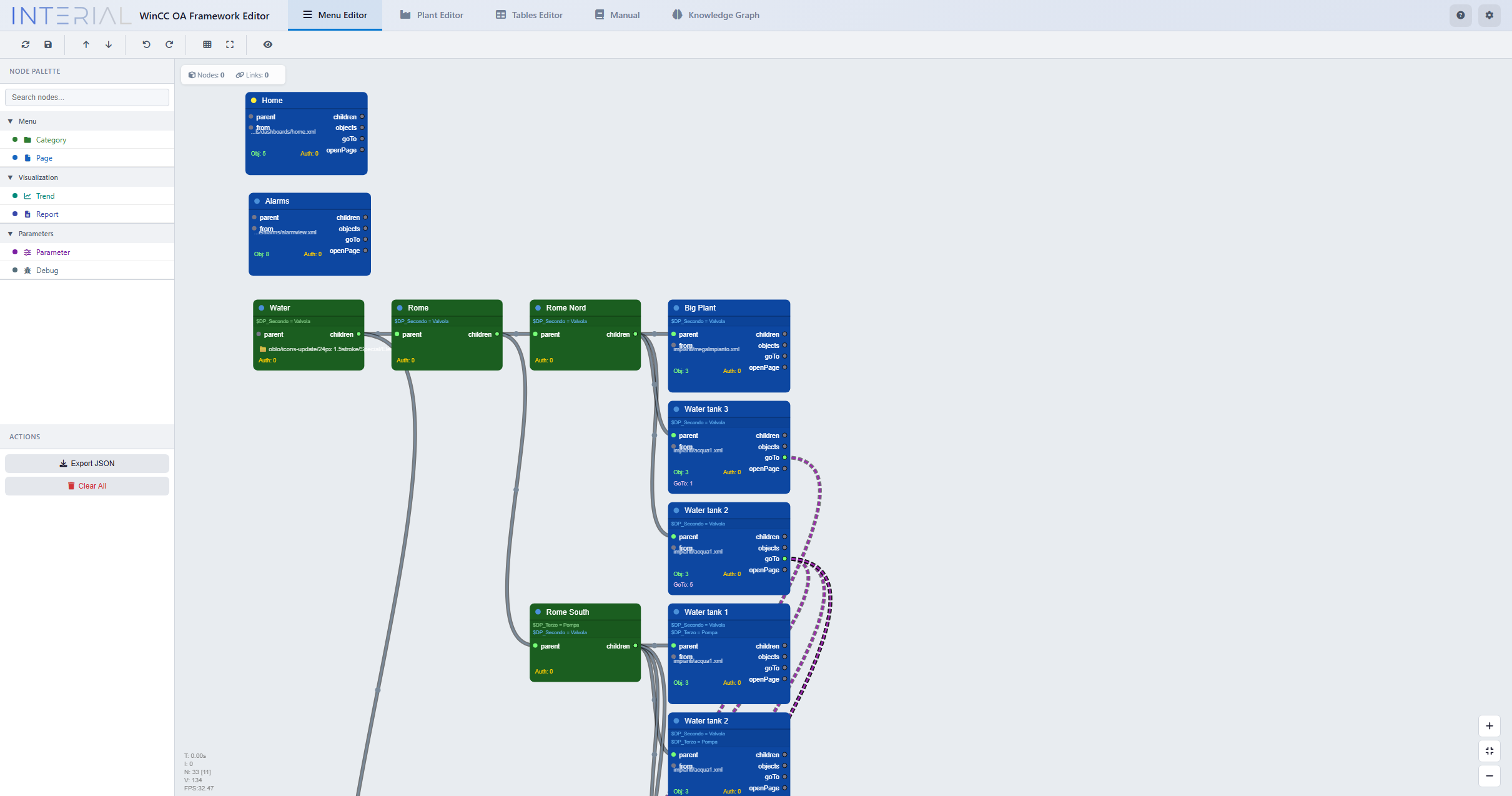 Menu Graph Editor - Editor visuale a nodi per la navigazione SCADA